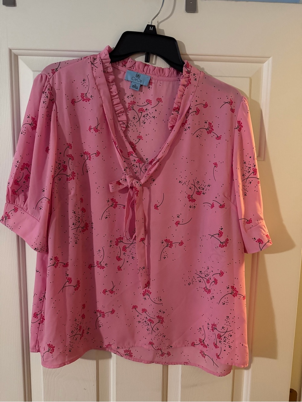 CeCe Pink Floral Ruffle Tie Blouse
